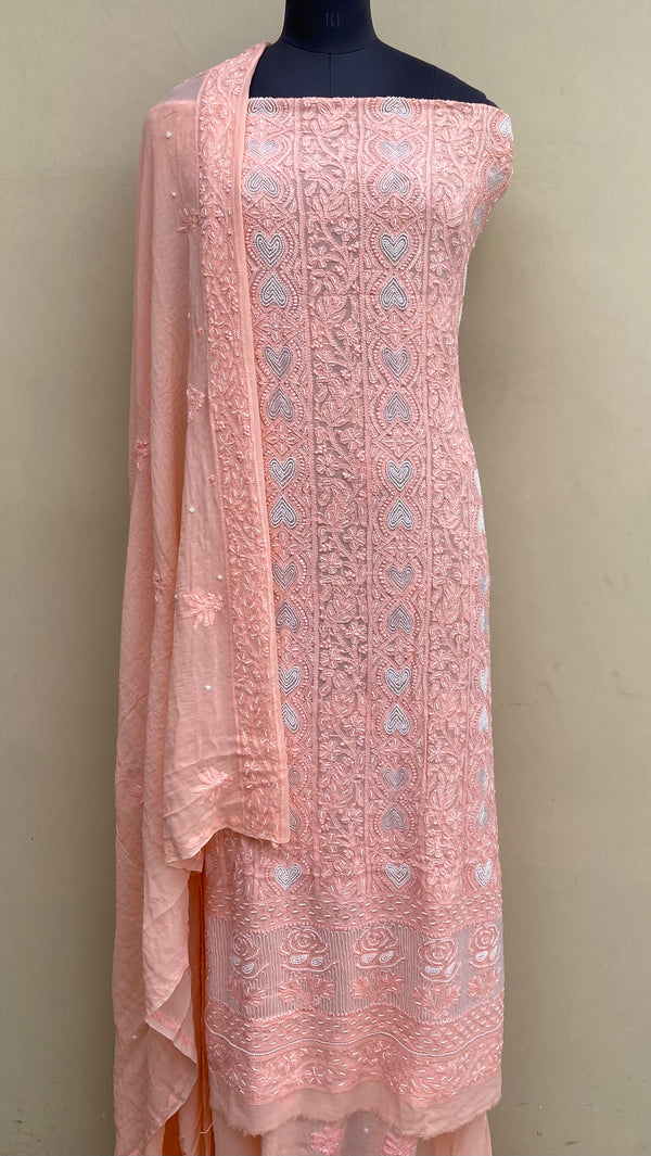 Lucknowi Chikankari Suit Length 2 Piece Peach Pure Georgette