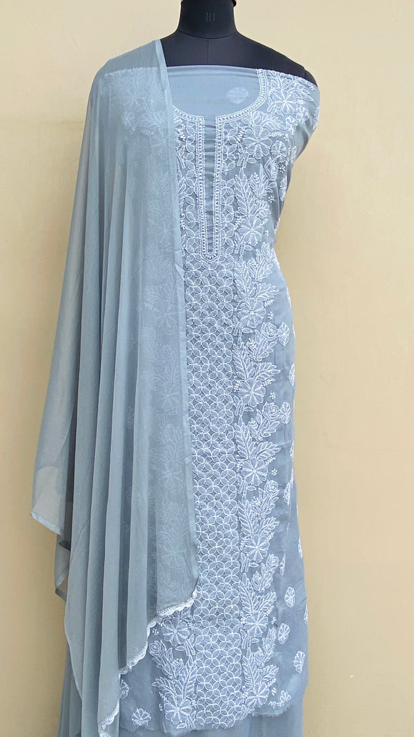 Lucknowi ChikanKari Suit Length 3 Piece Gray Cotton