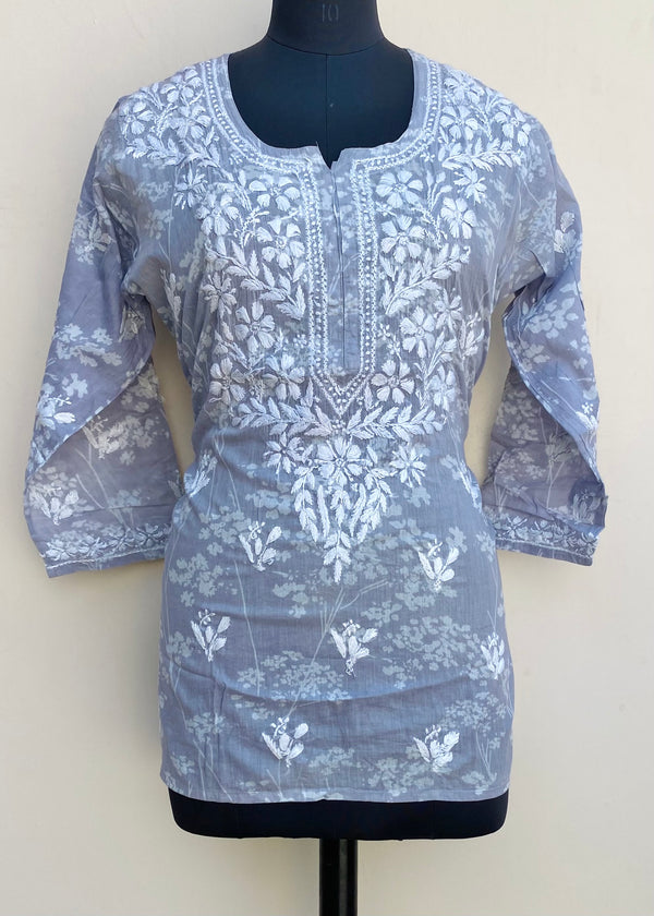 Lucknowi Chikankari Printed Short Kurti Gray Mulmul Cotton