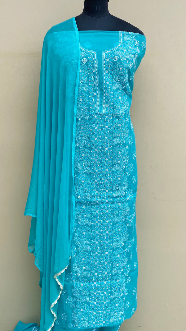 Lucknowi ChikanKari Suit Length 3 Piece Sea Green Cotton