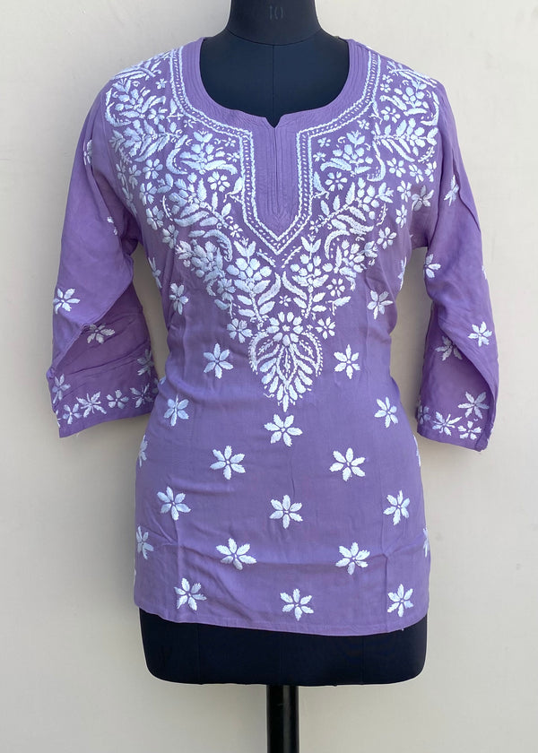 Lucknowi Chikankari Short Kurti Purple Modal Cotton