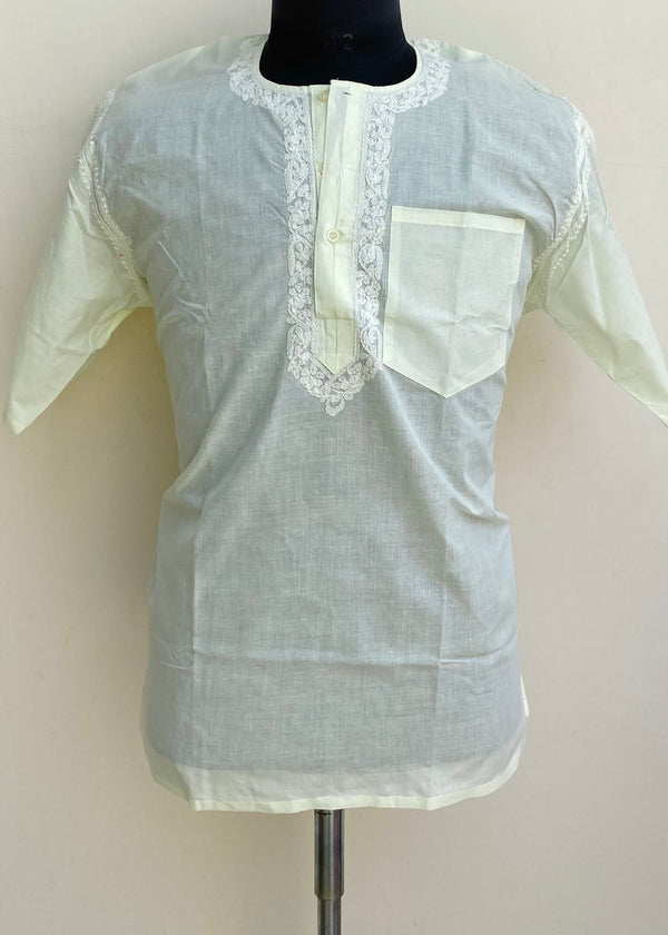 Lucknowi Chikankari Men’s Half Sleeves Short Kurta Cream Cotton With Pocket