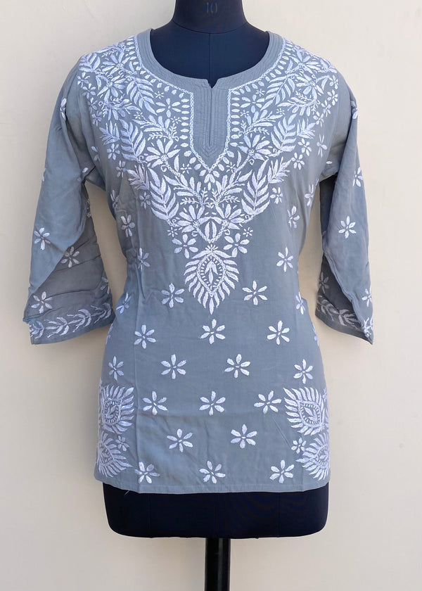 Lucknowi Chikankari Short Kurti Gray Modal Cotton