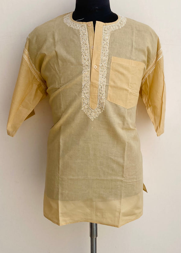 Lucknowi Chikankari Men’s Half Sleeves Short Kurta Beige Cotton With Pocket