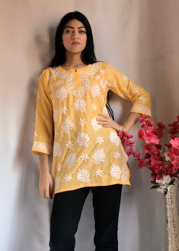 Lucknowi Chikankari Short Kurti Yellow Muslin Cotton