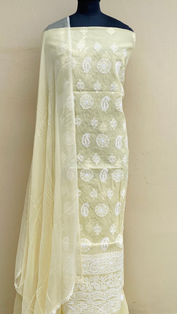 Lucknowi ChikanKari Suit Length 3 Piece Cream Cotton