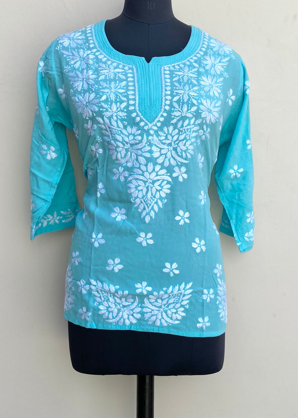 Lucknowi Chikankari Short Kurti Sea Green Modal Cotton