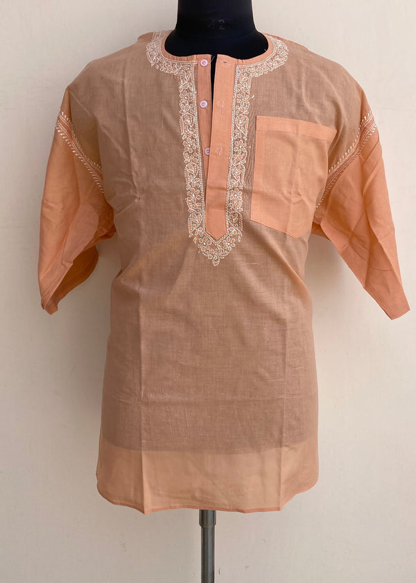 Lucknowi Chikankari Men’s Half Sleeves Short Kurta Peach Cotton With Pocket