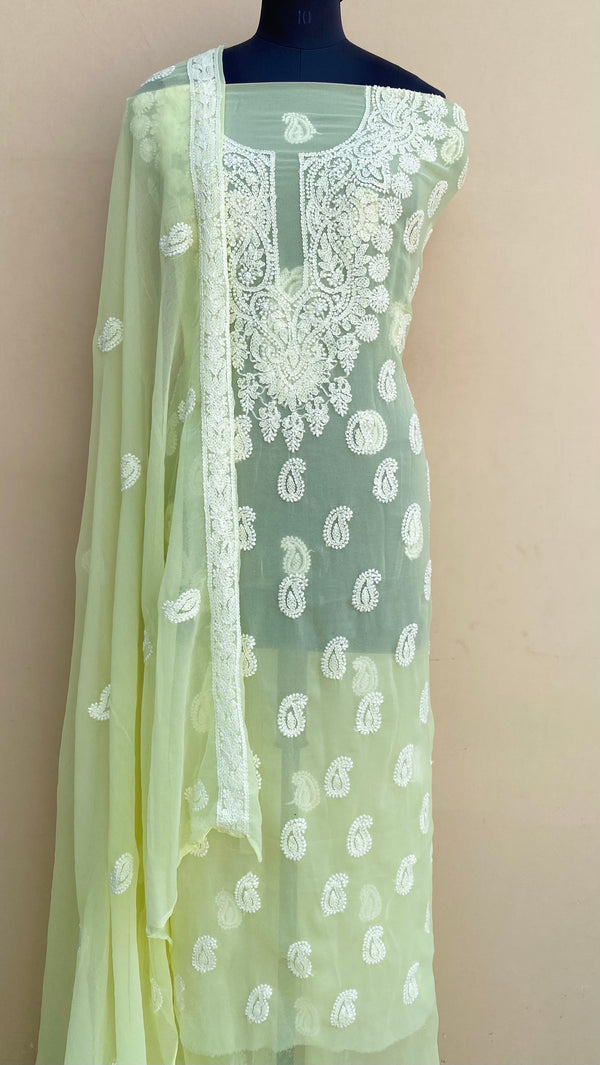 Lucknowi ChikanKari Suit Length 3 Piece Lemon Yellow Georgette