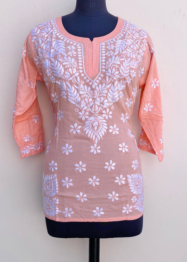 Lucknowi Chikankari Short Kurti Peach Modal Cotton