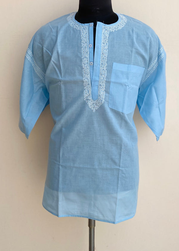 Lucknowi Chikankari Men’s Half Sleeves Short Kurta Blue Cotton With Pocket
