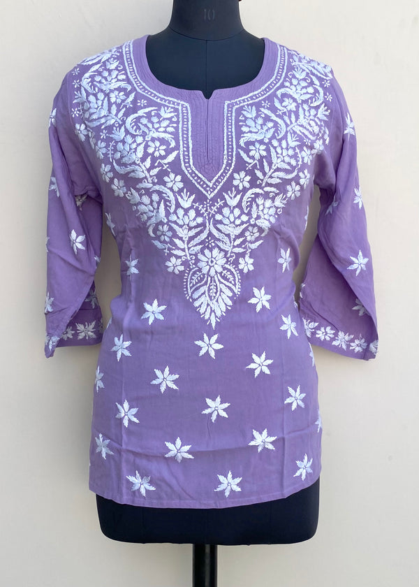 Lucknowi Chikankari Short Kurti Purple Modal Cotton