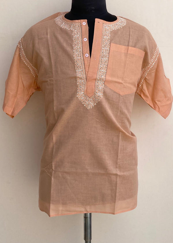 Lucknowi Chikankari Men’s Half Sleeves Short Kurta Peach Cotton With Pocket