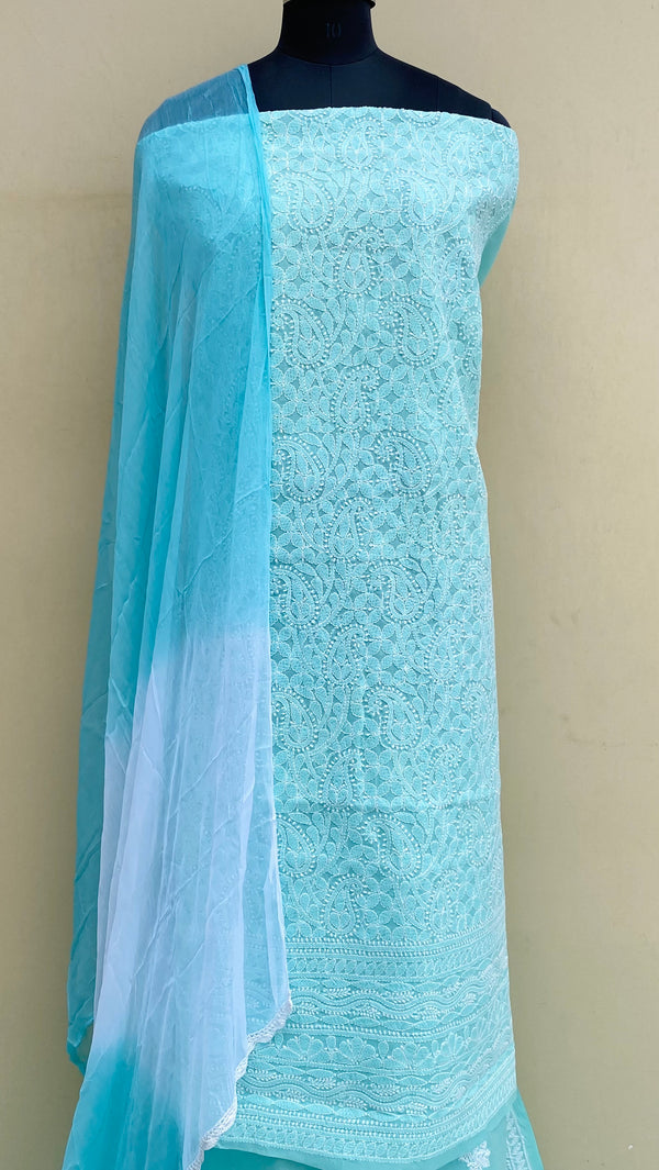 Lucknowi ChikanKari Suit Length 3 Piece Sea Green Cotton