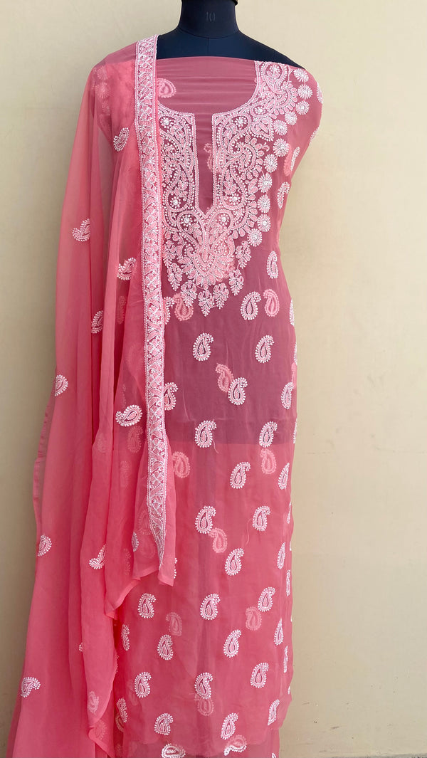 Lucknowi Chikankari Suit Length 3 Piece Gajri Georgette