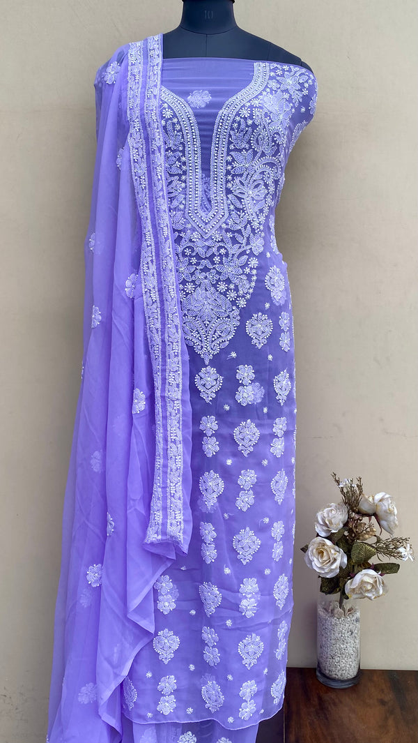 Lucknowi Chikankari Suit Length 3 Piece Purple Georgette