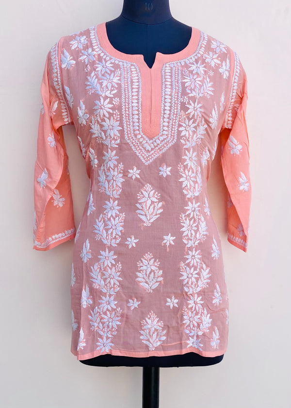 Lucknowi Chikankari Short Kurti Peach Muslin Cotton