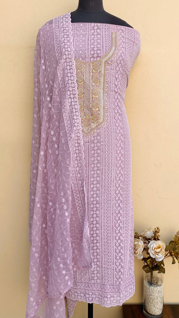 Chikankari Suit Length 3 Piece Onion Pink Georgette With Sequence & Cutdana Work