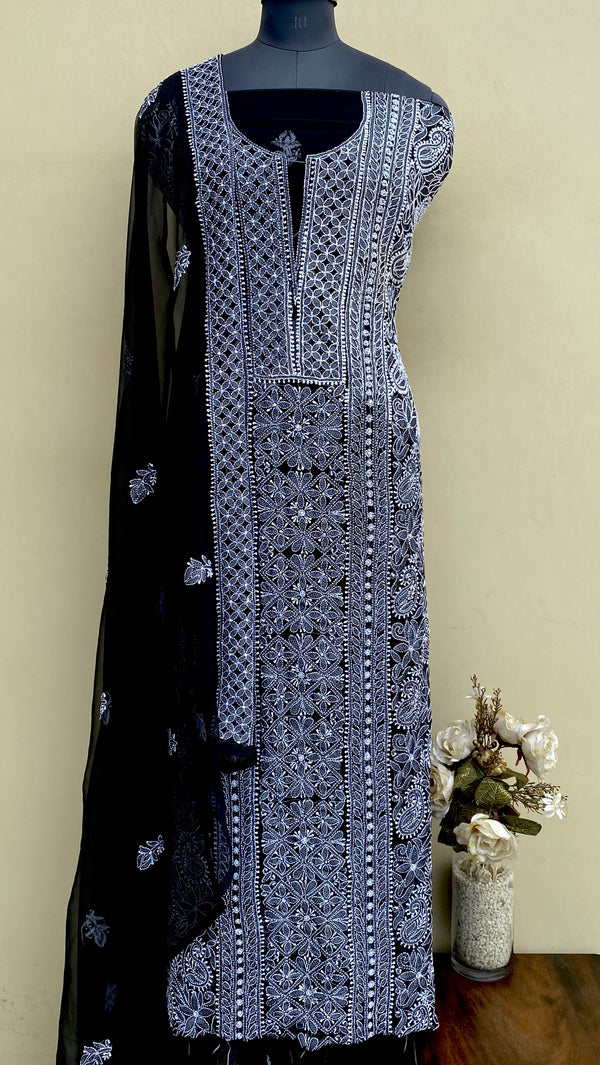 Lucknowi Chikankari Suit Length 3 Piece Black Georgette