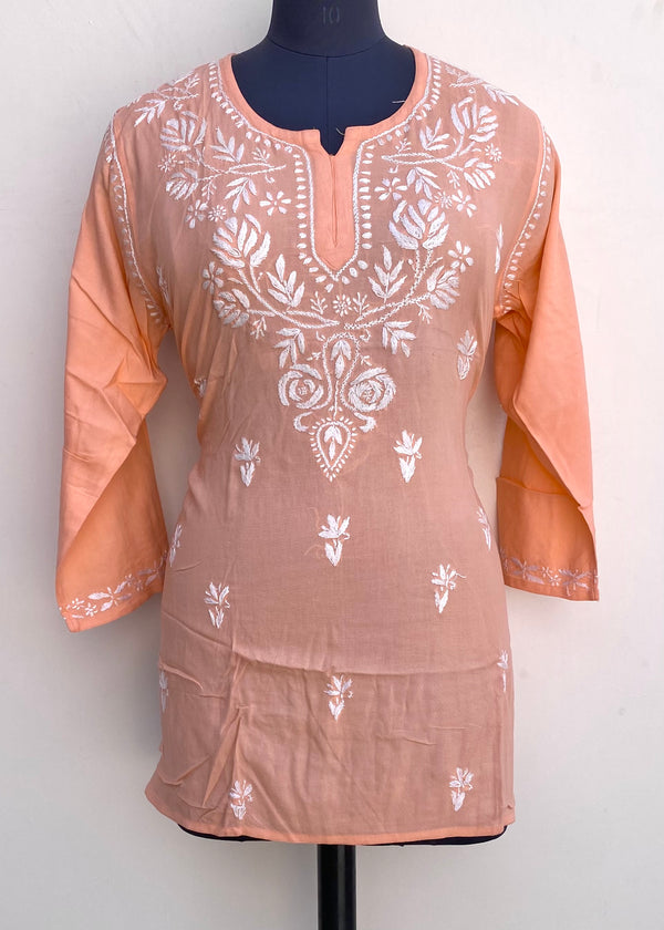 Lucknowi Chikankari Short Kurti Peach Modal Cotton
