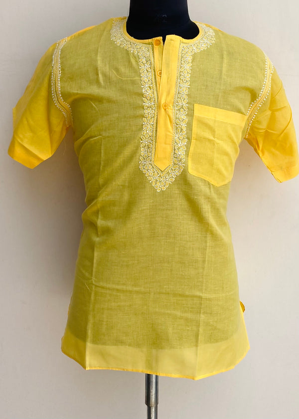 Lucknowi Chikankari Men’s Half Sleeves Short Kurta Yellow Cotton With Pocket