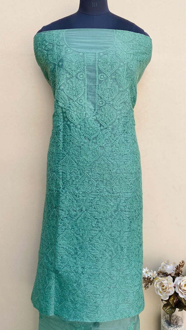 Lucknowi Chikankari Kurta Length Teal Green Organza