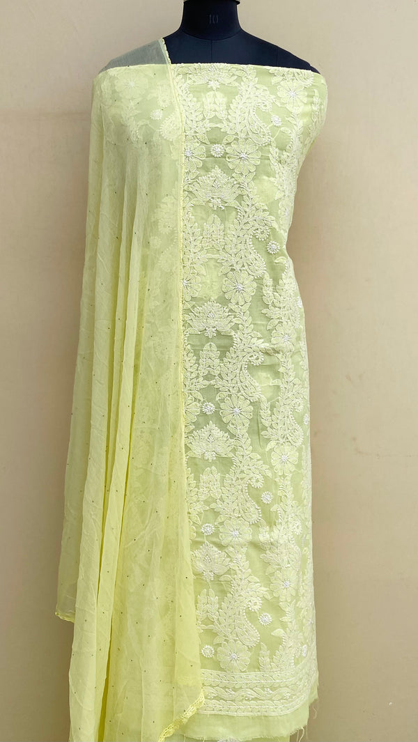 Lucknowi ChikanKari Suit Length 3 Piece Lemon Yellow Cotton