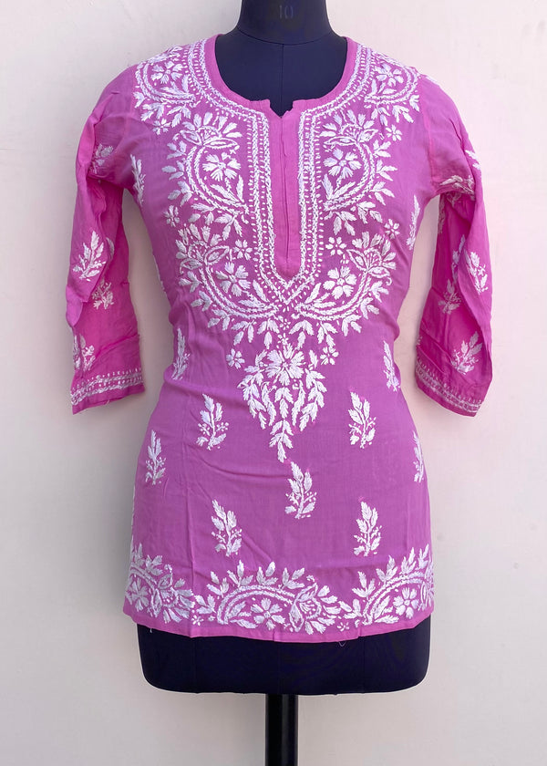 Lucknowi Chikankari Short Kurti Pink Modal Cotton