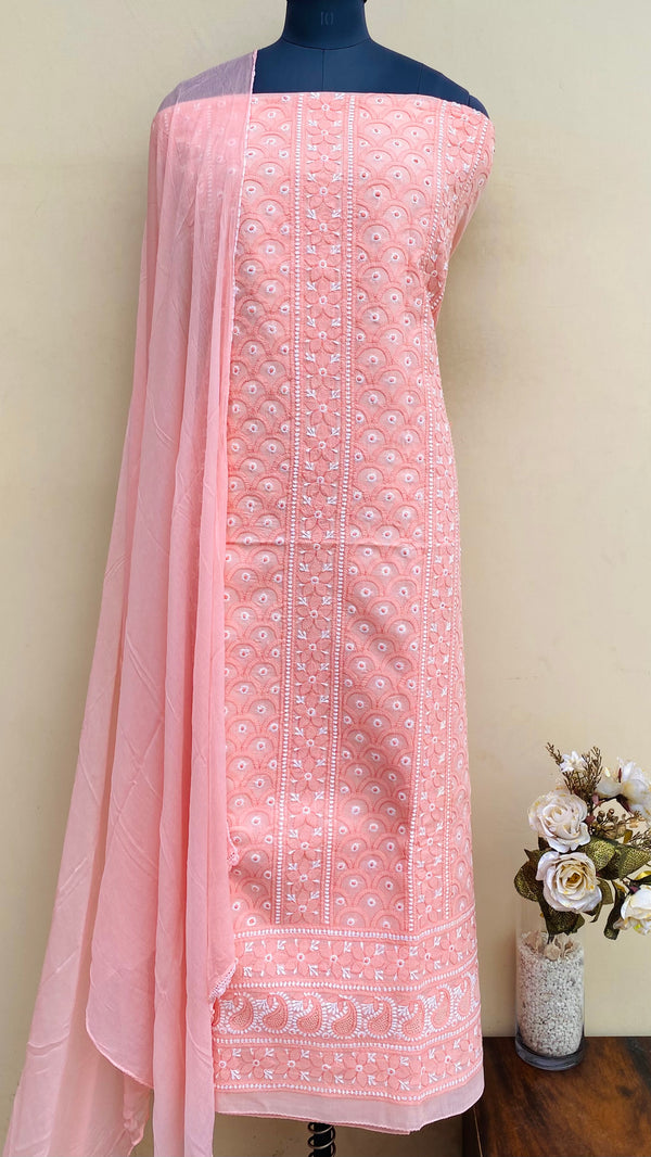 Lucknowi Chikankari Suit Length 3 Piece Peach Cotton With Jaali Work