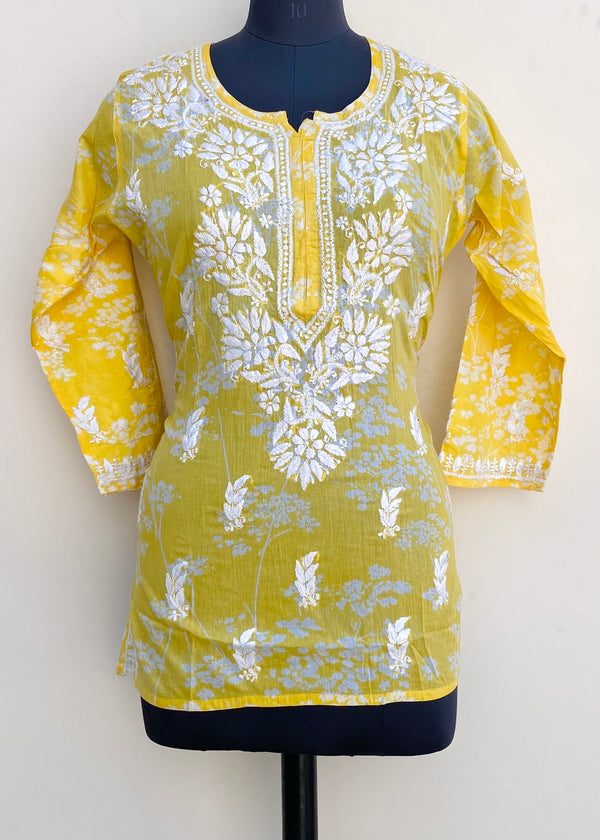 Lucknowi Chikankari Printed Short Kurti Yellow Mulmul Cotton