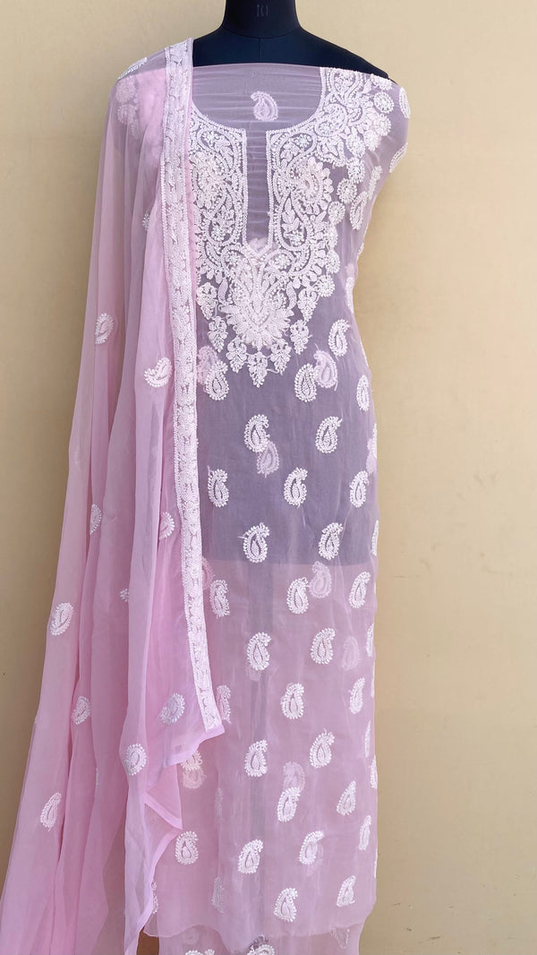 Lucknowi Chikankari Suit Length 3 Piece Pink Georgette