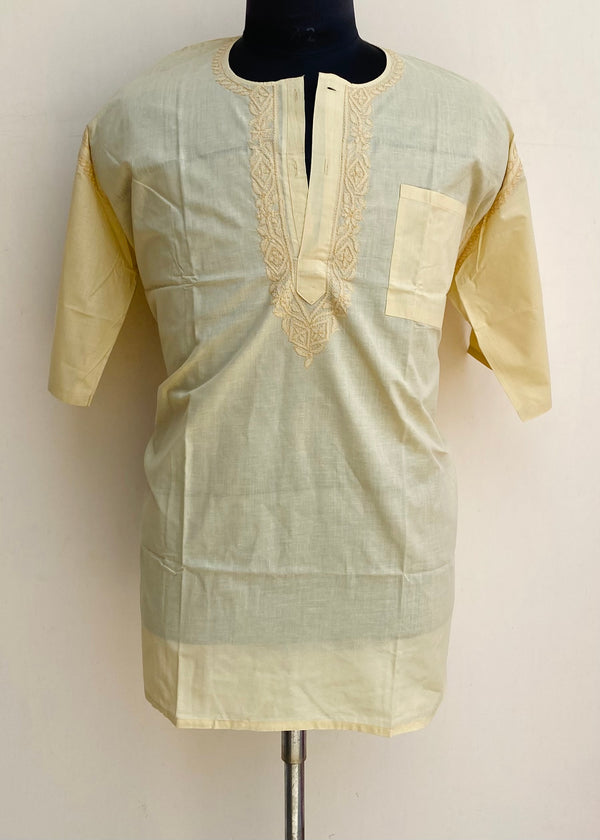 Lucknowi Chikankari Men’s Half Sleeves Short Kurta Beige Cotton With Pocket