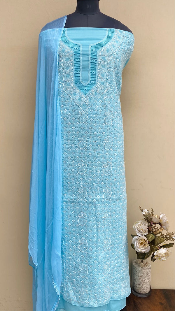 Lucknowi Chikankari Suit Length 3 Piece Blue Cotton With Jaali Work