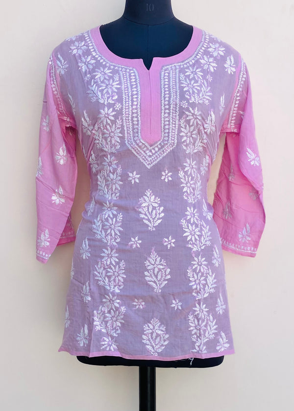Lucknowi Chikankari Short Kurti Pink Muslin Cotton