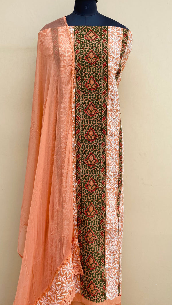 Lucknowi ChikanKari Suit Length 3 Piece Copper Cotton