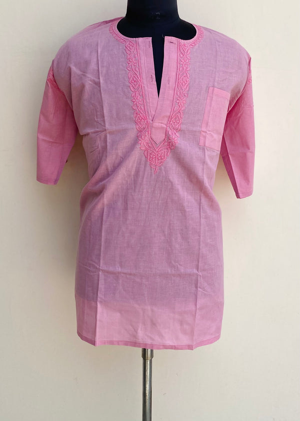 Lucknowi Chikankari Men’s Half Sleeves Short Kurta Pink Cotton With Pocket