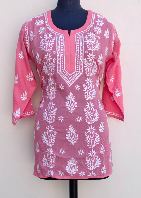 Lucknowi Chikankari Short Kurti Pink Muslin Cotton