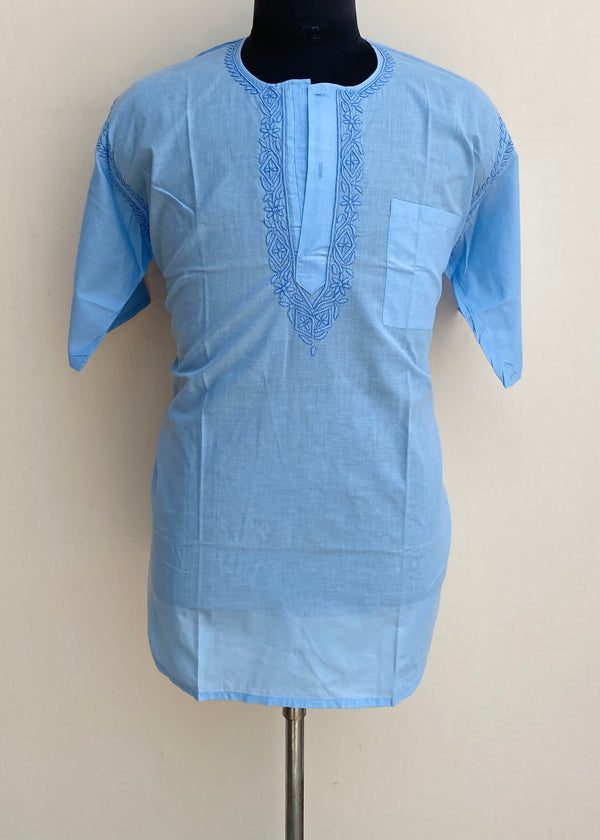 Lucknowi Chikankari Men’s Half Sleeves Short Kurta Blue Cotton With Pocket