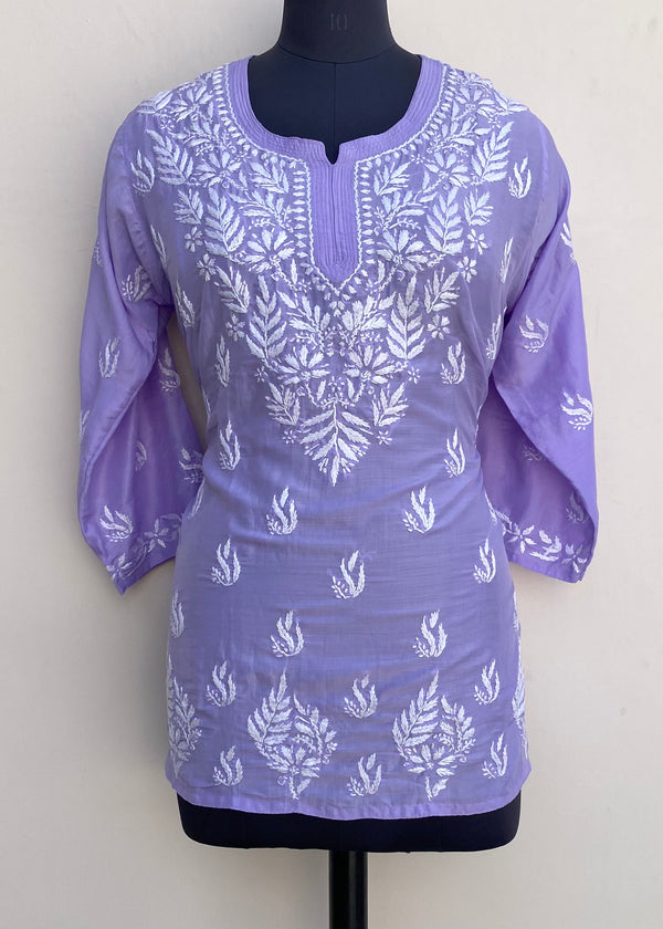 Lucknowi Chikankari Short Kurti Purple Muslin Cotton