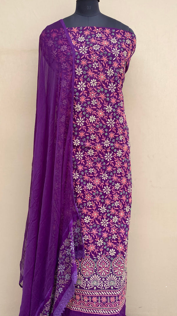 Lucknowi Chikankari Suit Length 3 Piece Purple Cotton