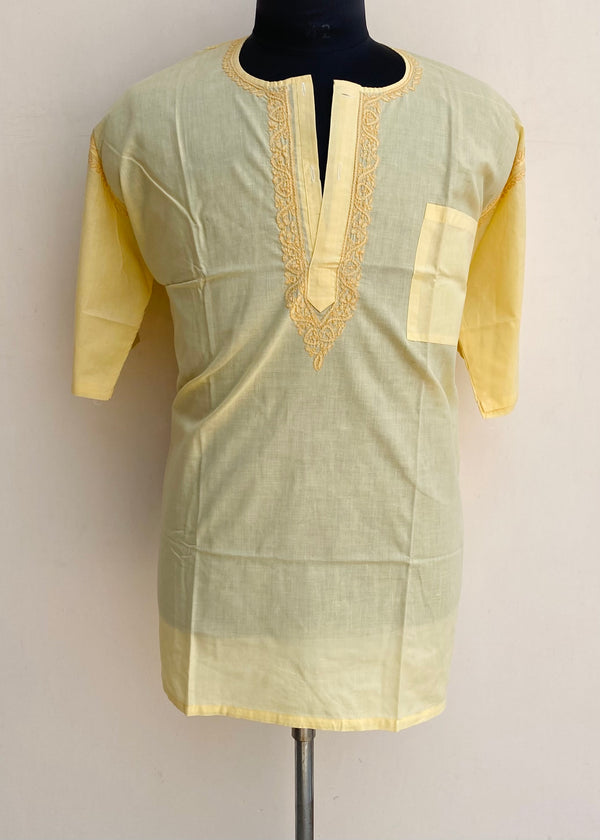 Lucknowi Chikankari Men’s Half Sleeves Short Kurta Yellow Cotton With Pocket