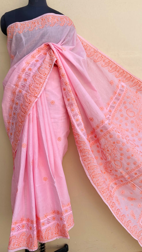 Lucknowi Chikankari Saree Pink Cotton With Applique Work