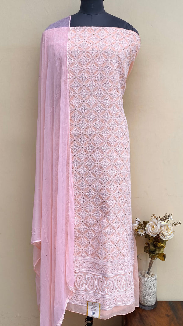 Lucknowi Chikankari Suit Length 3 Piece Peach Cotton With Mukaish Work