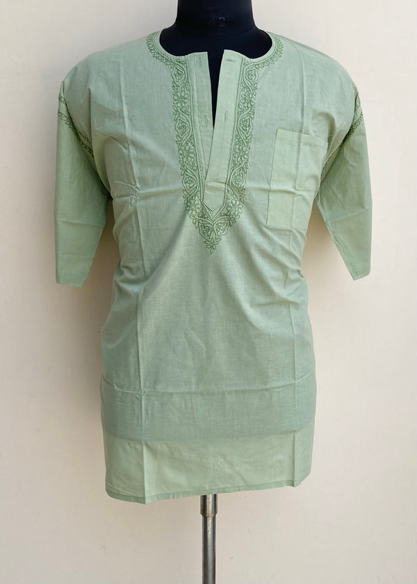 Lucknowi Chikankari Men’s Half Sleeves Short Kurta Green Cotton With Pocket
