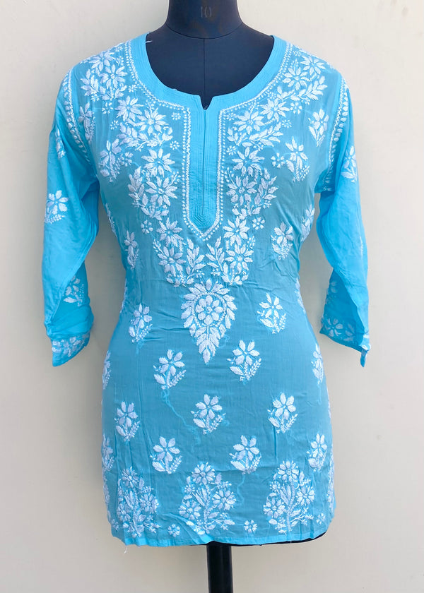 Lucknowi Chikankari Short Kurti Blue Muslin Cotton
