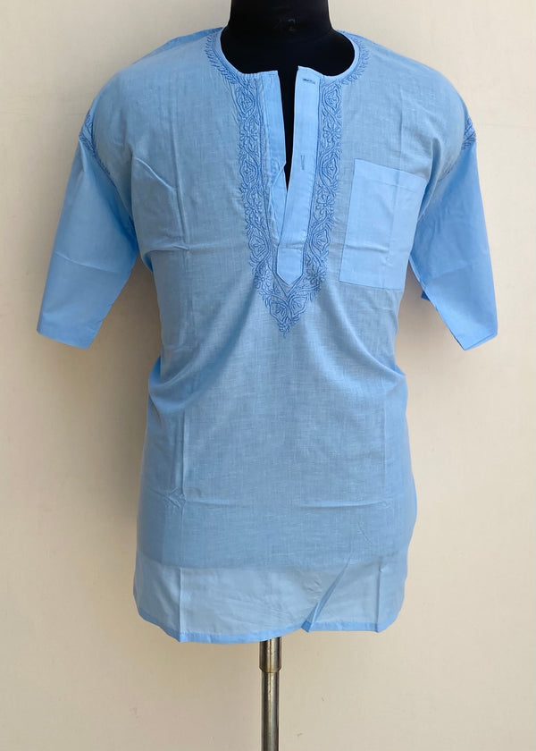 Lucknowi Chikankari Men’s Half Sleeves Short Kurta Blue Cotton With Pocket
