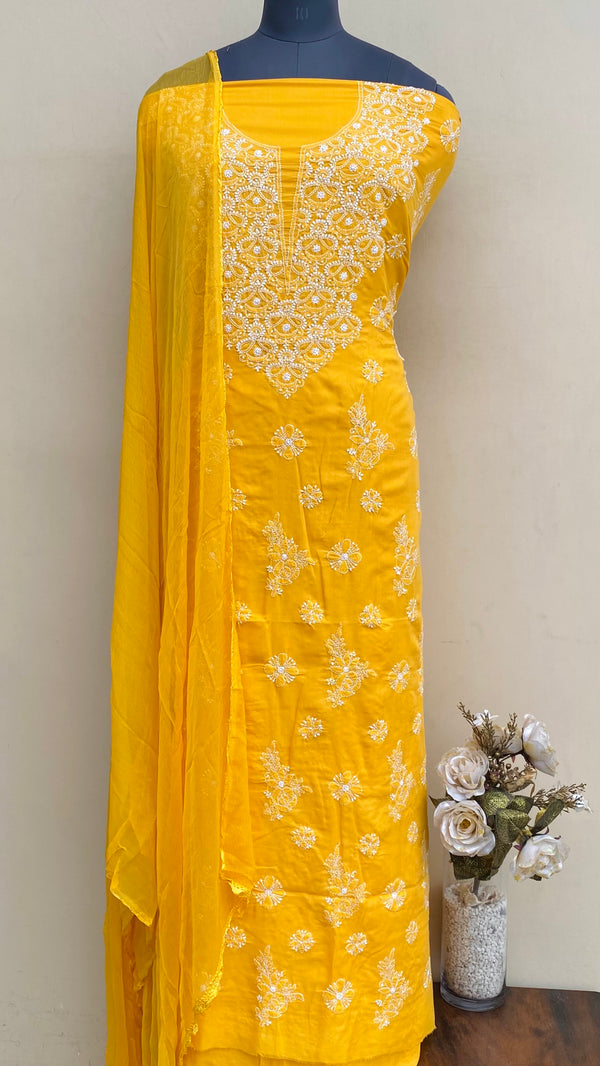 Lucknowi Chikankari Suit Length 3 Piece Mustard Mulmul Cotton