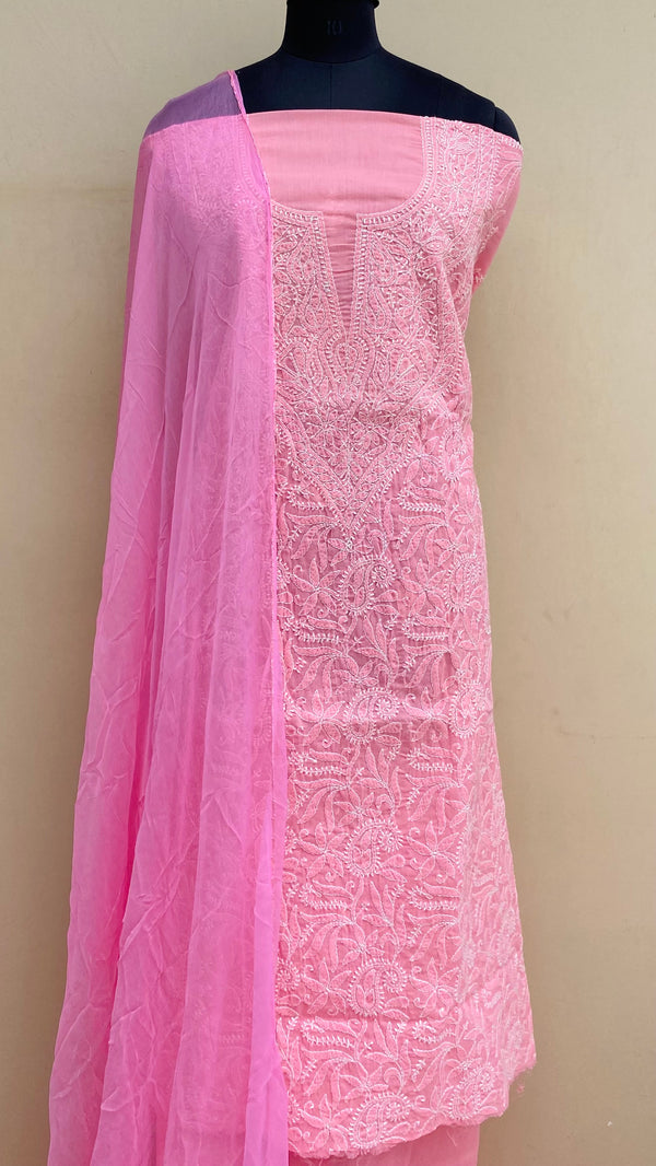 Lucknowi Chikankari Suit Length 3 Piece Pink  Cotton