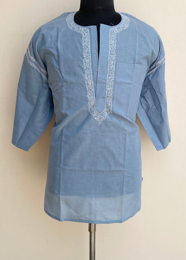 Lucknowi Chikankari Men’s Half Sleeves Short Kurta Gray Cotton With Pocket