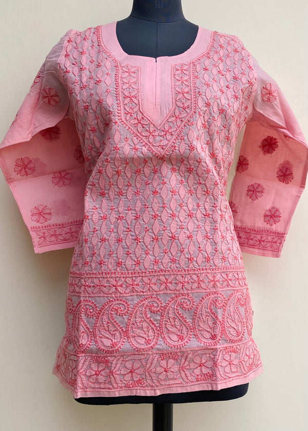 Lucknowi Chikankari Short Kurti Pink Cotton